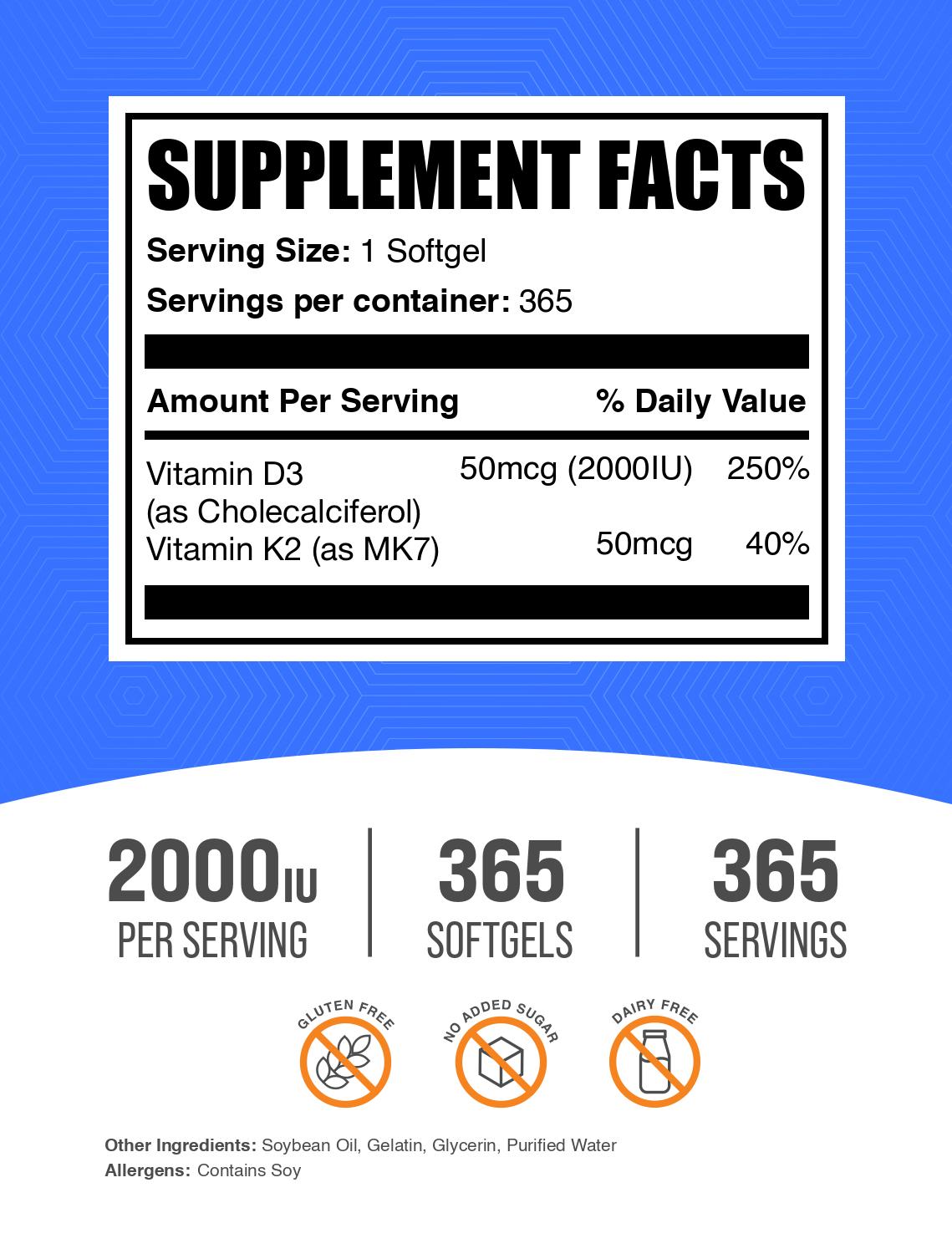 Vitamin D3 + K2 2000 IU 365 softgels label