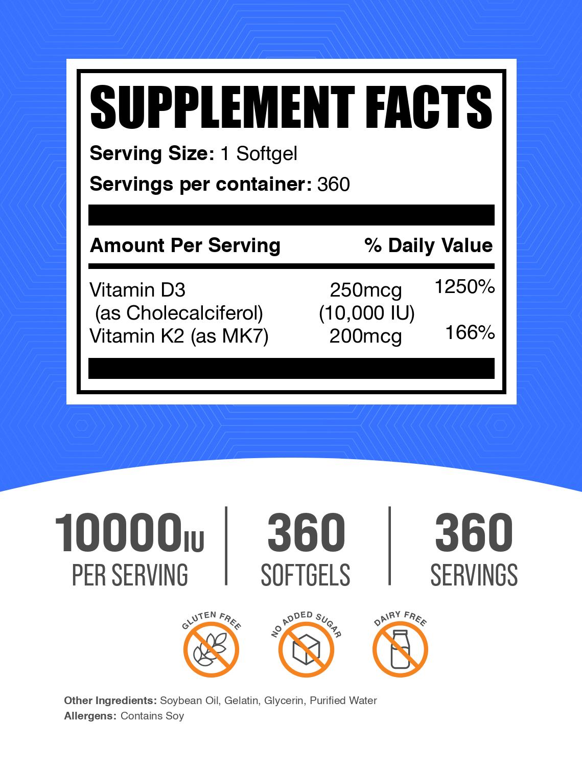 Vitamin D3 + K2 10000 IU 360ct Label