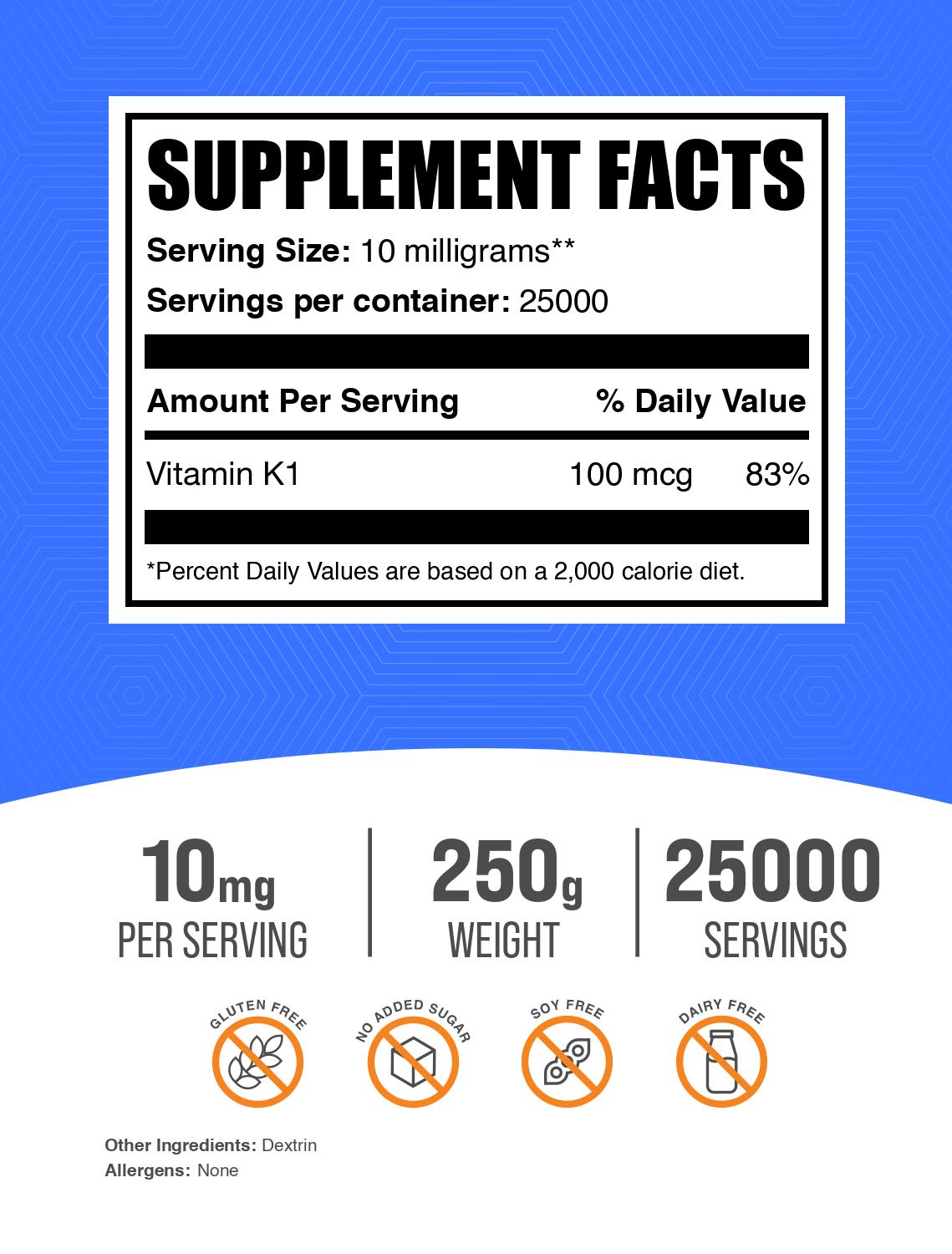 Vitamin K1 powder label 250g