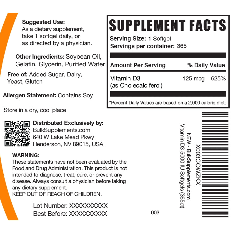Vitamin D3 5000IU 365 softgels label