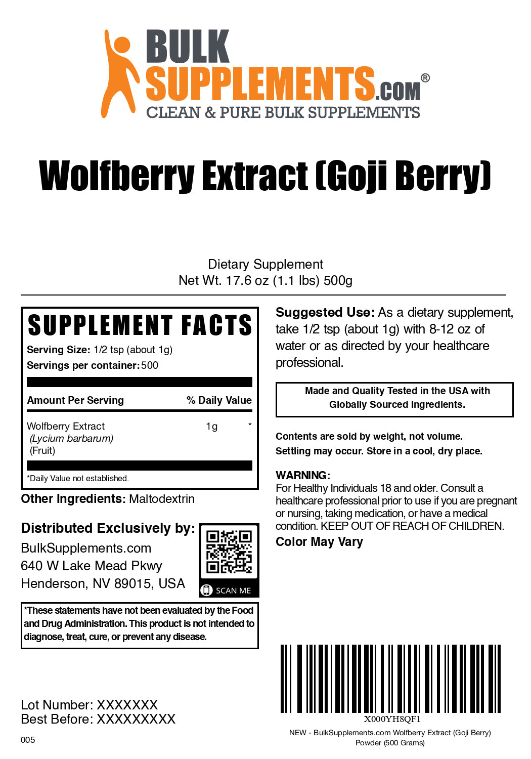 Wolfberry extract powder label 500g