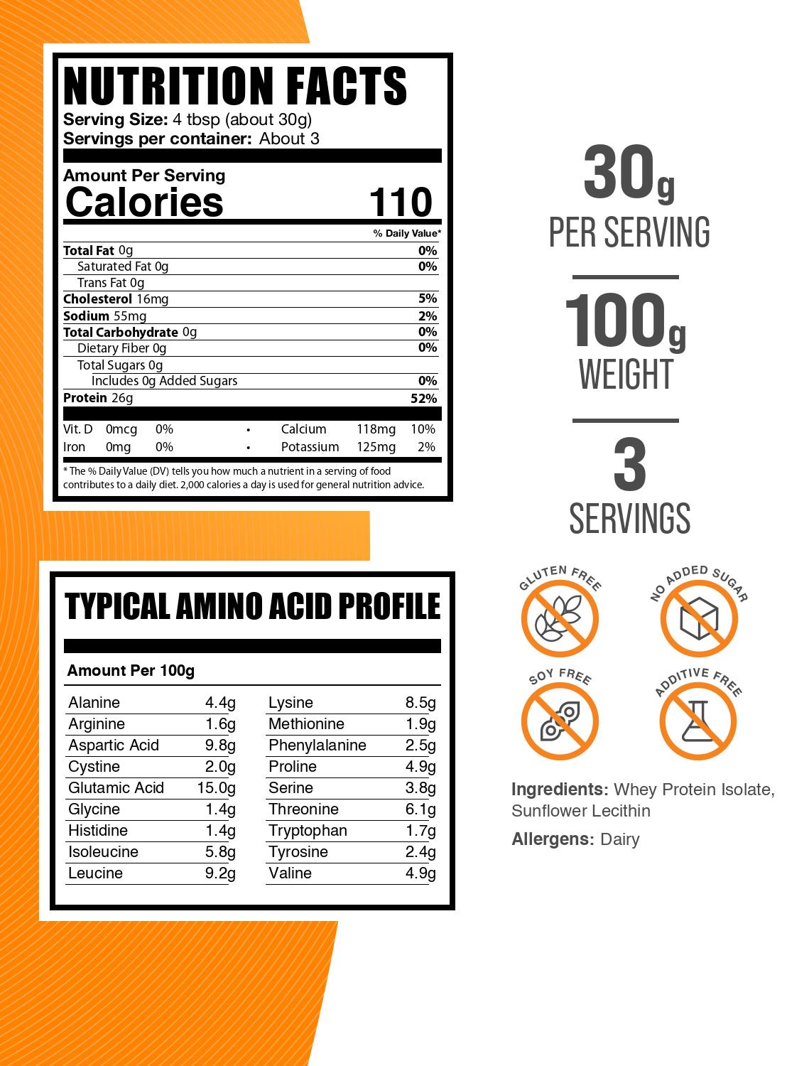 Whey protein isolate powder label 100g