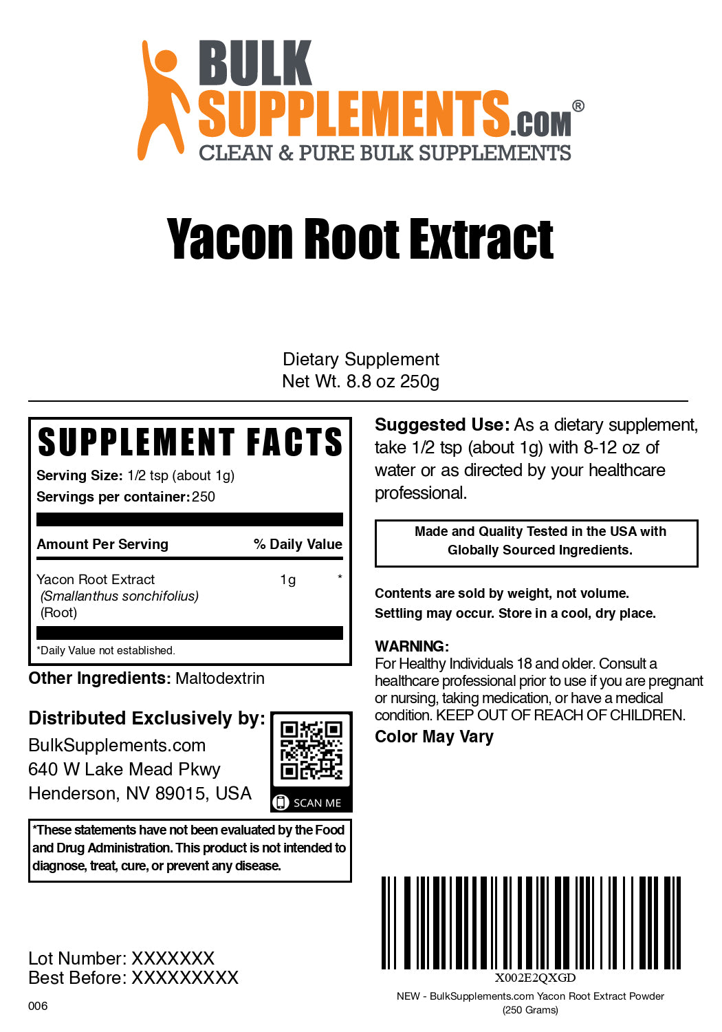 Yacon root extract powder label 250g