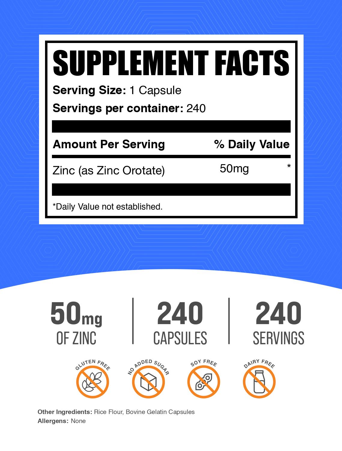 Zinc Orotate Capsules 240ct Label