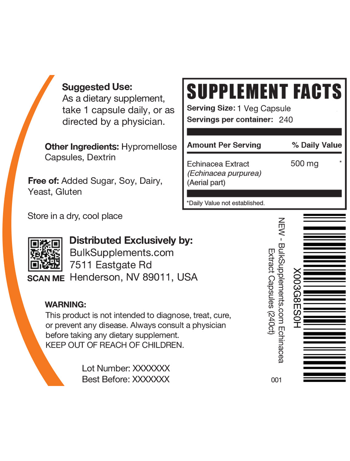 Echinacea Extract capsule label 240 ct